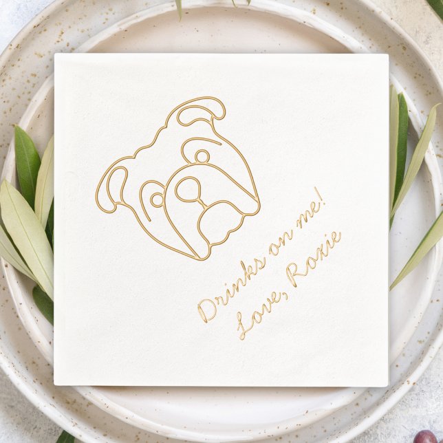 Bulldog Personalised Message Drinks on Me Wedding Foil Napkins (bulldog line art custom "drinks on me" wedding cocktail napkins fun cute dog pet wedding reception)
