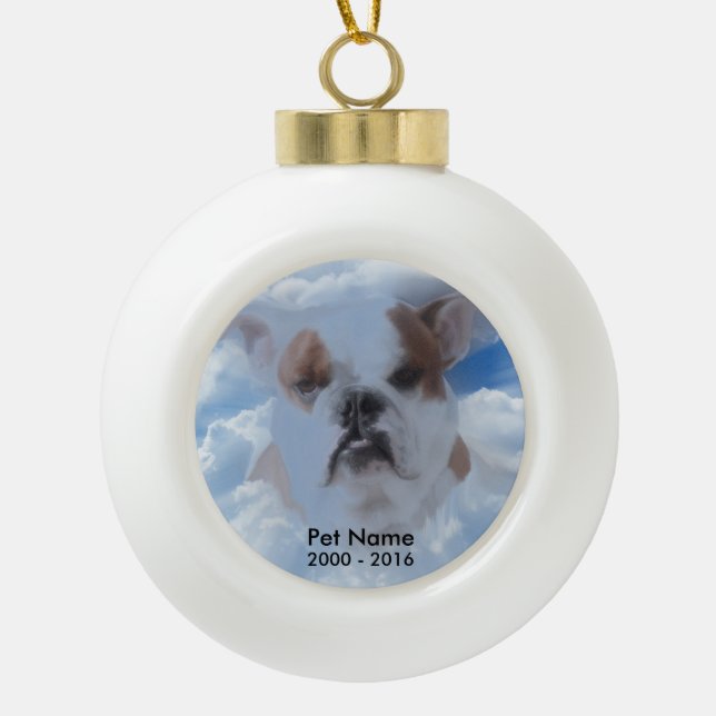 Bulldog Pet with Heaven Clouds Ceramic Ball Christmas Ornament (Front)