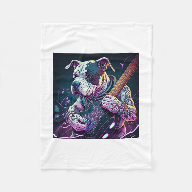 Bulldog Playing Electric Guitar Rock  Fleece Blanket (Front)