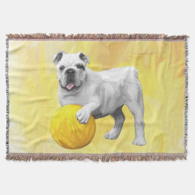 Bulldog Playing with Ball Watercolor Art Painting Throw Blanket (Front)