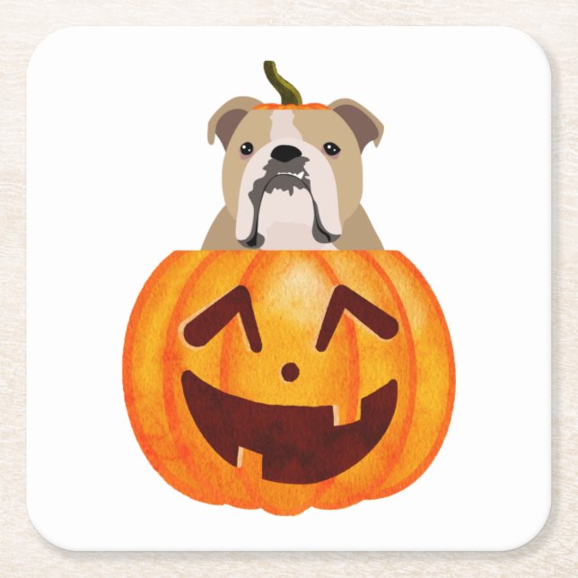 Bulldog Pumpkin     Square Paper Coaster (Front)