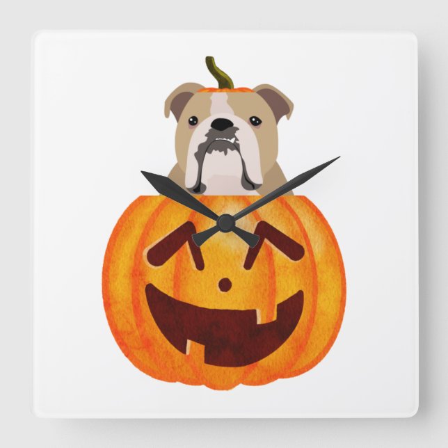 Bulldog Pumpkin Square Wall Clock (Front)