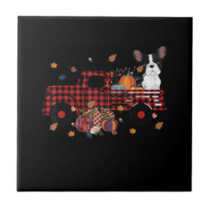 Bulldog Pumpkin Truck Thanksgiving Halloween Gift Ceramic Tile