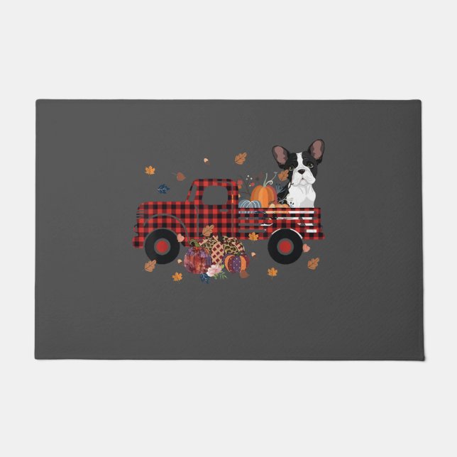 Bulldog Pumpkin Truck Thanksgiving Halloween Gift Doormat (Front)