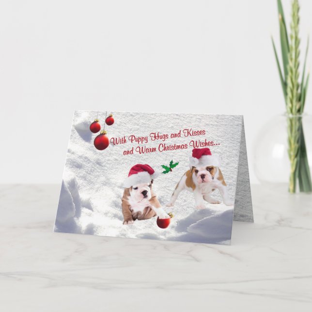 Bulldog Puppies Christmas Snow Scene Wishes Holiday Card (Front)