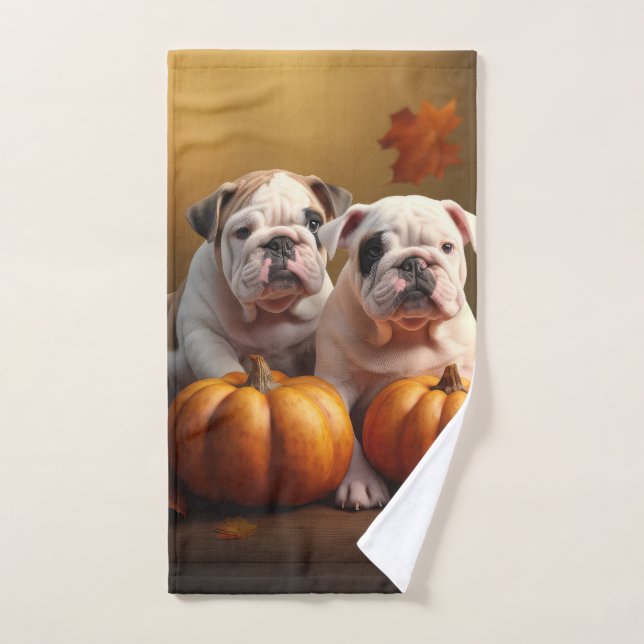 Bulldog Puppy Autumn Delight Pumpkin  Bath Towel Set (Hand Towel)
