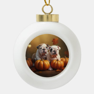 Bulldog Puppy Autumn Delight Pumpkin  Ceramic Ball Christmas Ornament