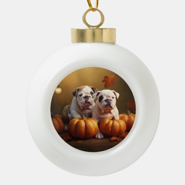 Bulldog Puppy Autumn Delight Pumpkin  Ceramic Ball Christmas Ornament (Front)