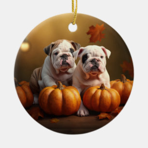 Bulldog Puppy Autumn Delight Pumpkin  Ceramic Ornament