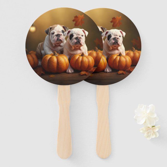 Bulldog Puppy Autumn Delight Pumpkin  Hand Fan (Front and Back)