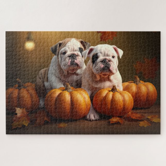 Bulldog Puppy Autumn Delight Pumpkin  Jigsaw Puzzle (Horizontal)