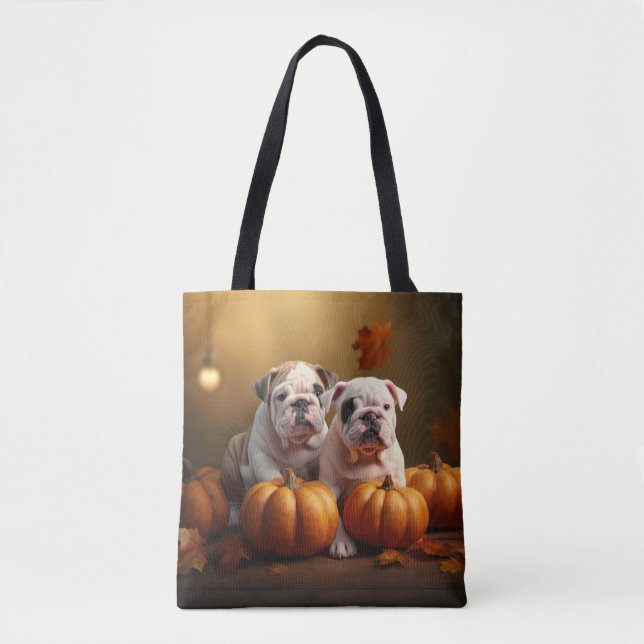 Bulldog Puppy Autumn Delight Pumpkin  Tote Bag (Front)