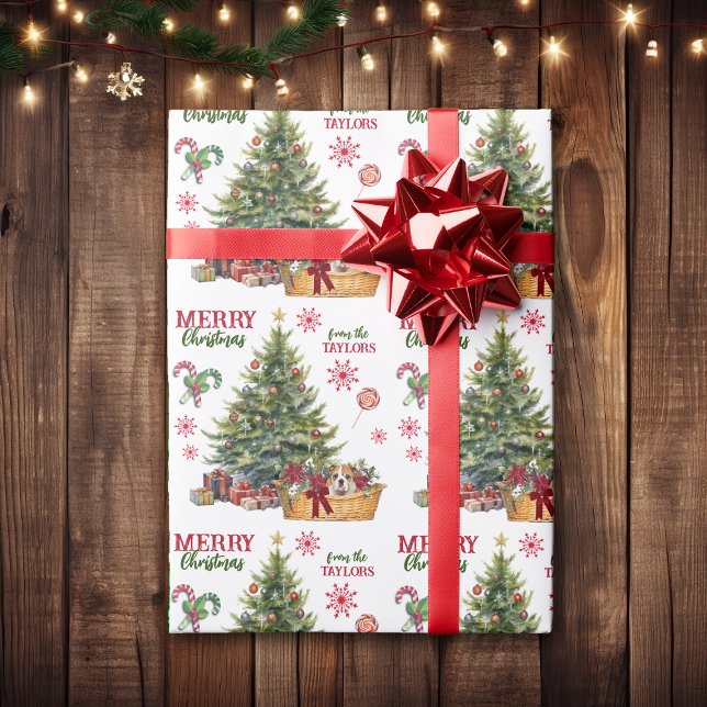 Bulldog Puppy Basket Under the Tree Wrapping Paper (Creator Uploaded)