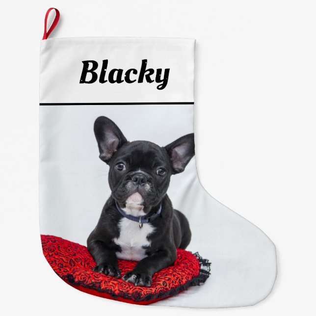 Bulldog Puppy, Dog Name and Photo Large Christmas Stocking (Front)