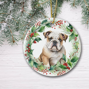  Bulldog Puppy Holly Wreath Christmas Ceramic Ornament