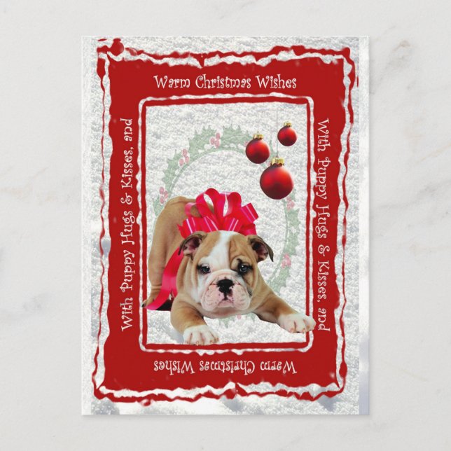 Bulldog Puppy Hugs & Kisses and Christmas Wishes Holiday Postcard (Front)