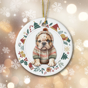 Bulldog Puppy in Winter Sweater Christmas Ceramic Ornament