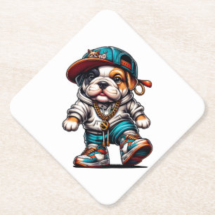 Bulldog Puppy Streetwear Outfit Hexagaon Diamond Paper Coaster