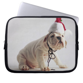 Bulldog Puppy Wearing Santa Hat Laptop Sleeve