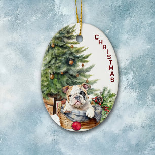 Bulldog Puppy Wicker Basket Christmas Ceramic Ornament