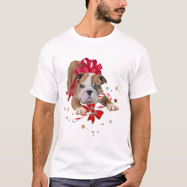 Bulldog puppy with red bow and candy cane T-Shirt (Front)