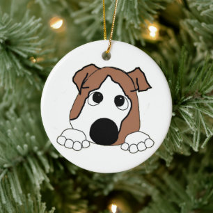 bulldog red and white peeking cartoon ceramic ornament