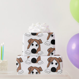 bulldog red and white peeking cartoon wrapping paper