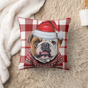 Bulldog Red and White Plaid Christmas Holiday Cushion