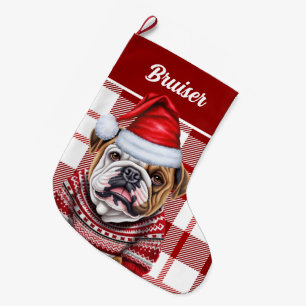 Bulldog Red and White Plaid Personalised Large Christmas Stocking