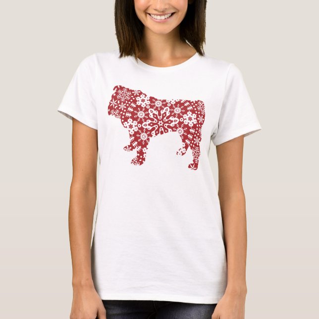 Bulldog, Red Boho Christmas Snowflakes T-Shirt (Front)