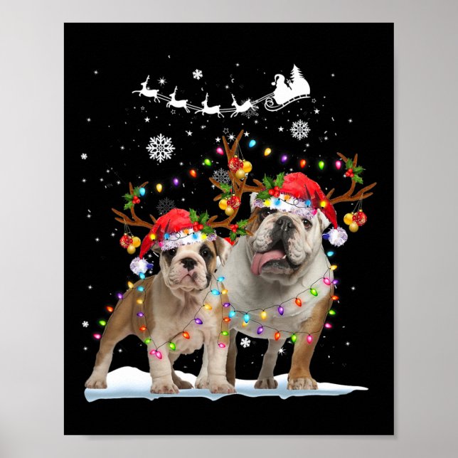 Bulldog Reindeer Santa Hat Xmas Lights Christmas X Poster (Front)