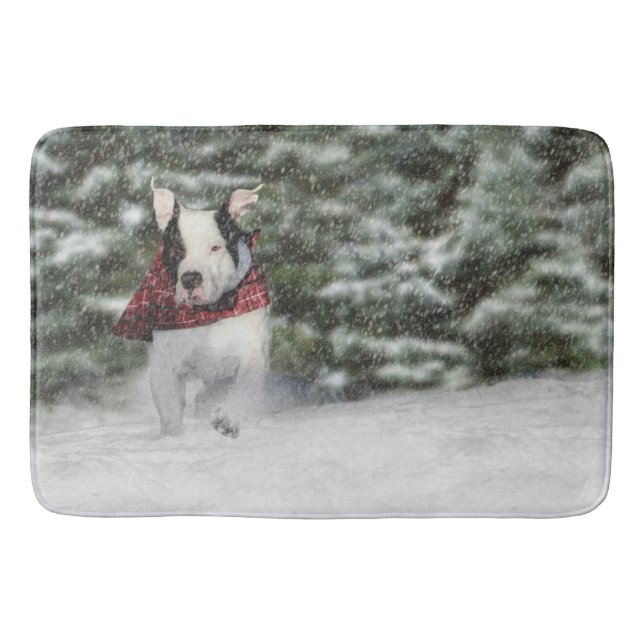 Bulldog Rescue Pup Dashing through the Snow Bath Mat (Front)
