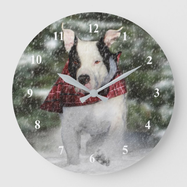 Bulldog Rescue Pup Dashing through the Snow Large Clock (Front)