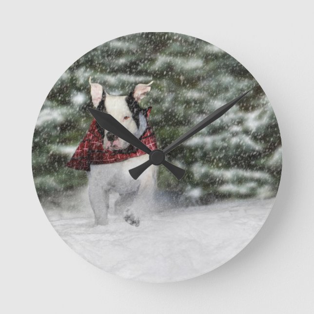 Bulldog Rescue Pup Dashing through the Snow Round Clock (Front)