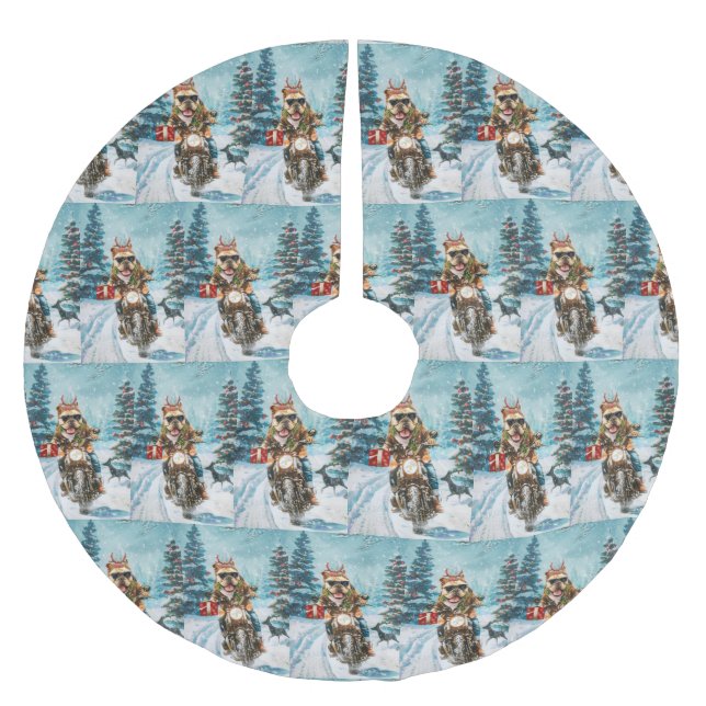 Bulldog Riding Motorcycle Christmas Brushed Polyester Tree Skirt (Front)