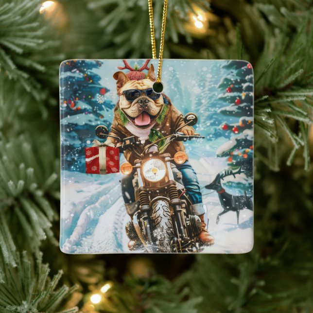 Bulldog Riding Motorcycle Christmas Ceramic Ornament (Tree)