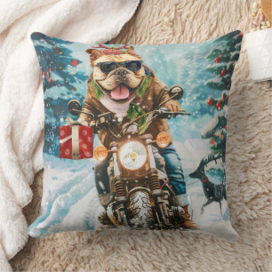 Bulldog Riding Motorcycle Christmas Cushion
