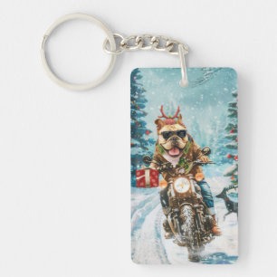 Bulldog Riding Motorcycle Christmas Key Ring