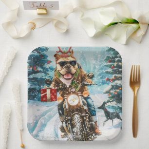 Bulldog Riding Motorcycle Christmas Paper Plate