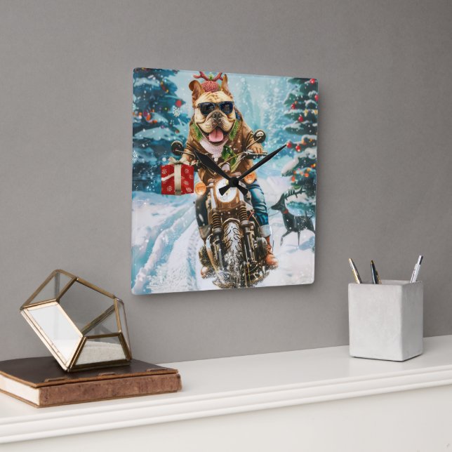 Bulldog Riding Motorcycle Christmas Square Wall Clock (Office)