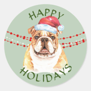 Bulldog Santa Hat Happy Holidays Classic Round Sticker