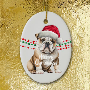 Bulldog Santa Hat Holiday Beads Ceramic Ornament
