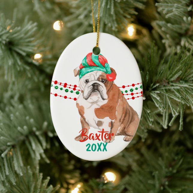 Bulldog Santa Hat Holiday String Beads Ceramic Ornament (Tree)