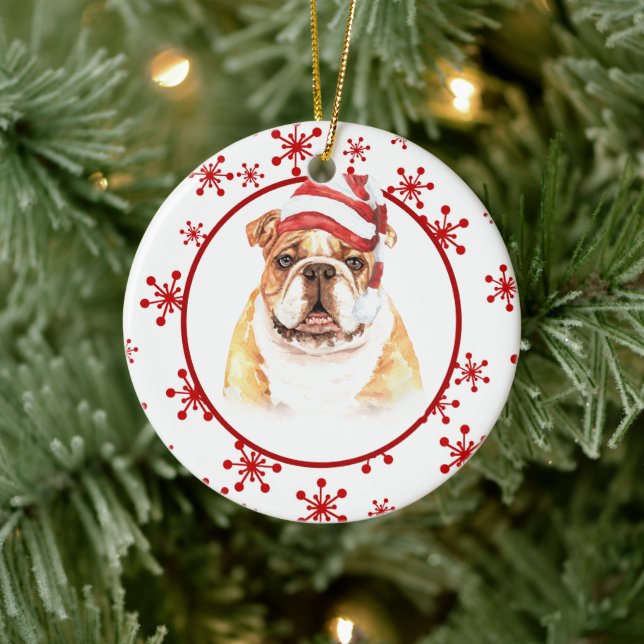 Bulldog Santa Hat Red Snowflake Christmas Ceramic Ornament (Tree)