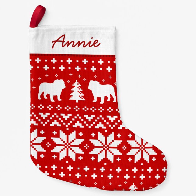 Bulldog Silhouettes Pattern Cute Dog Lover's Small Christmas Stocking (Front)