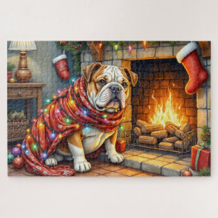 Bulldog Sitting by Fireplace with Christmas Lights Jigsaw Puzzle