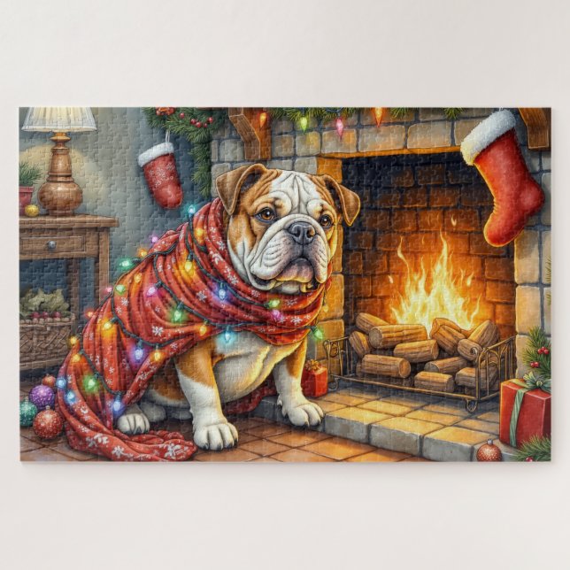 Bulldog Sitting by Fireplace with Christmas Lights Jigsaw Puzzle (Horizontal)