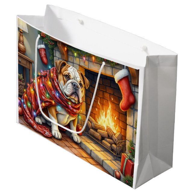Bulldog Sitting by Fireplace with Christmas Lights Large Gift Bag (Front Angled)