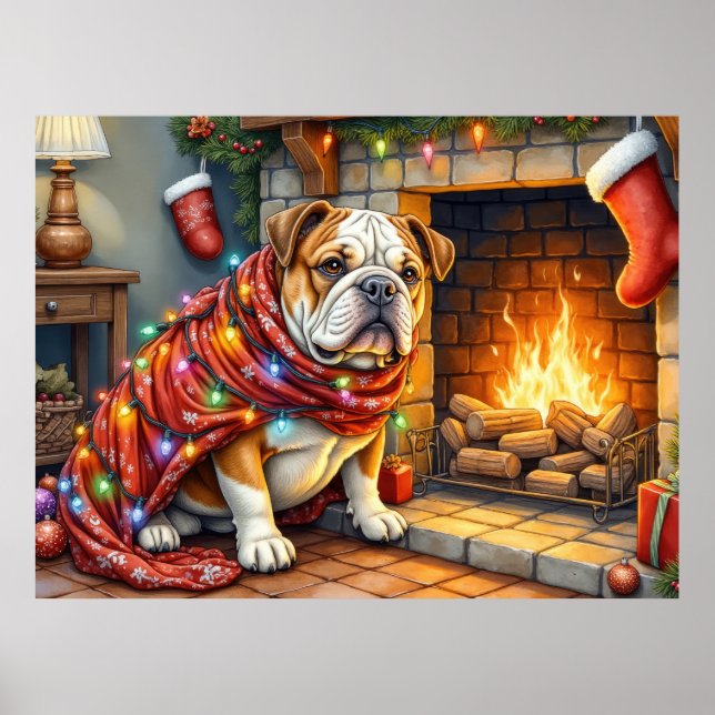 Bulldog Sitting by Fireplace with Christmas Lights Poster (Front)