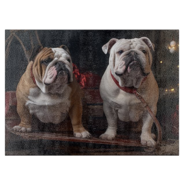 Bulldog Snowy Sleigh Christmas Decor Cutting Board (Front)